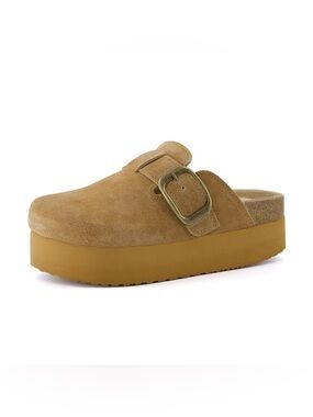 Platform Suede Slip-On Mule with Buckle in Tan